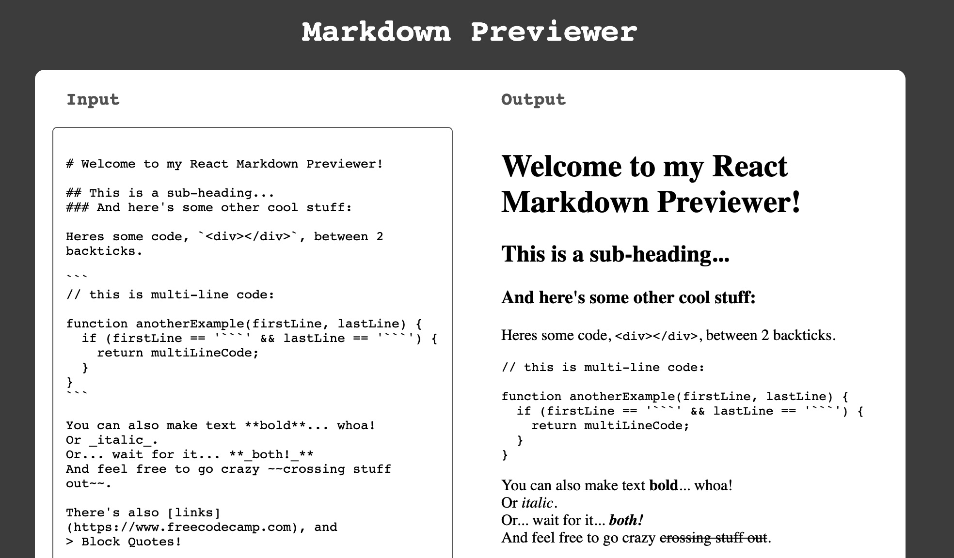 screenshot of Markdown Previewer